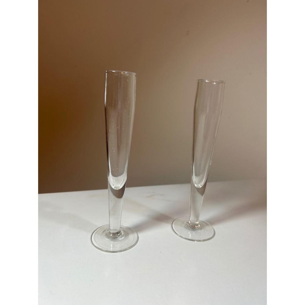 Vintage Hand Blown Clear Glass Champagne Flutes Pair Slim Trumpet Stemware 6.25"